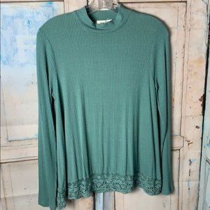 Taylor & Sage Moc Ribbed Turtleneck with Lace Edging at Waist Green